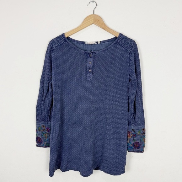 Soft Surroundings Tops - Soft Surroundings Palmer Embroidered Cuff Navy Blue Tunic